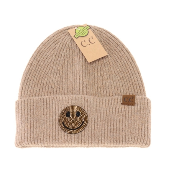 NEW! BOHO CHIC FABULOUS Rhinestone Smiley Face Cuff Beanie - Picture 3 of 4